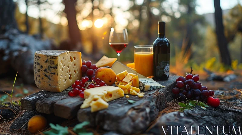 Enchanting Woods Picnic with Wine, Cheese, and Fruits AI Image