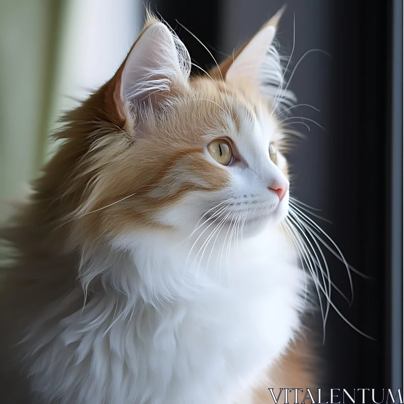 Fluffy Orange and White Cat Gazing Through Window AI Image