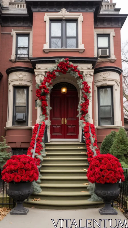 Festive Atmosphere: Red Flowers on an Ornate House AI Image