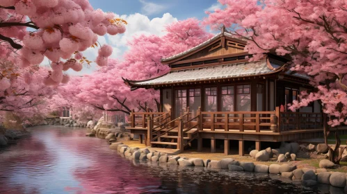 Japanese House and Cherry Blossom Trees Landscape