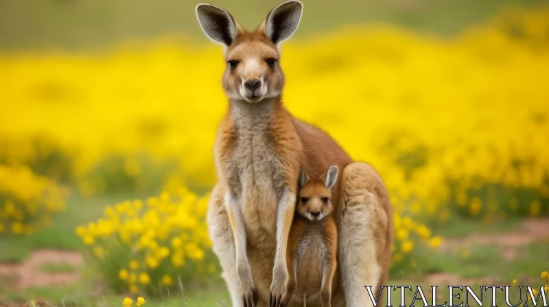 Kangaroo and Joey in Field of Yellow Flowers AI Image