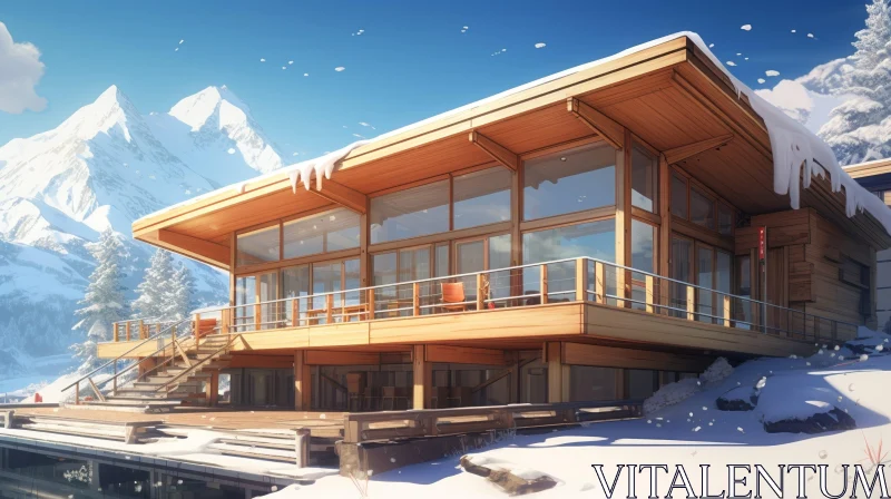 Modern Wooden House in Snowy Mountains AI Image
