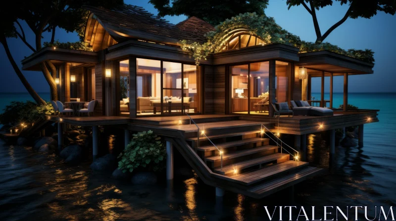 Night Scene of a Seafront Villa in a Mysterious Jungle | 3D Rendering AI Image