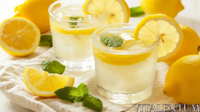 Refreshing Lemonade Glasses on Whitewashed Wooden Table AI Image