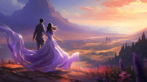 Romantic Couple Walking in a Dreamy Valley - Beautiful Landscape Painting