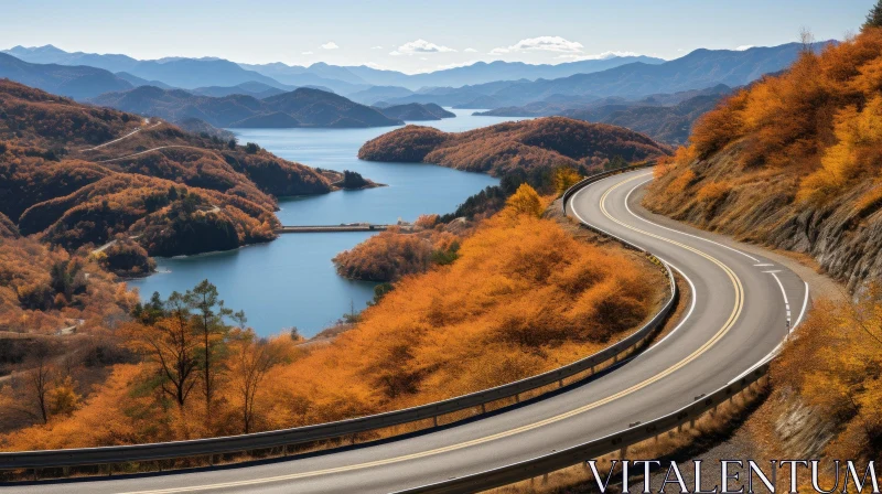 Winding Mountain Road Overlooking Lake in Autumn - Japanese Contemporary Art AI Image