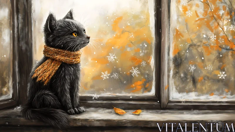 Autumn-Winter Black Cat in Cozy Scarf AI Image