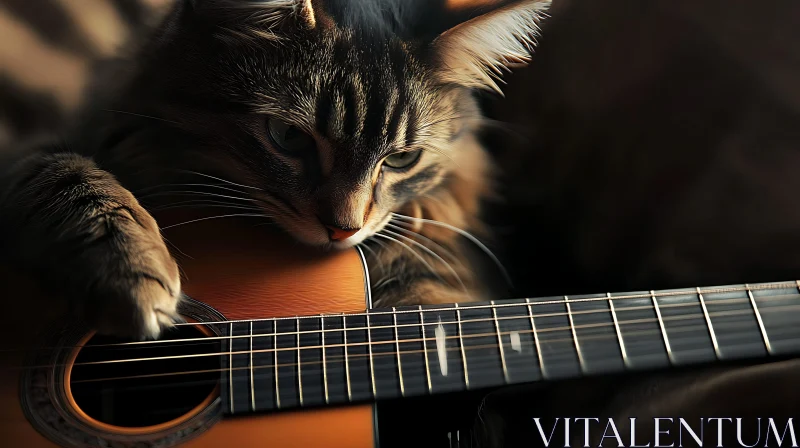 Intently Focused Cat with a Guitar AI Image