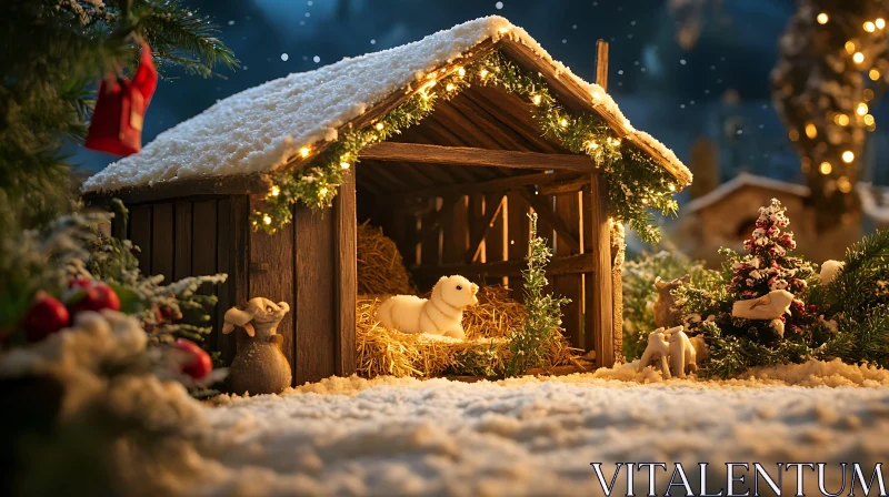 Serene Holiday Nativity Scene in Snow-Covered Barn AI Image