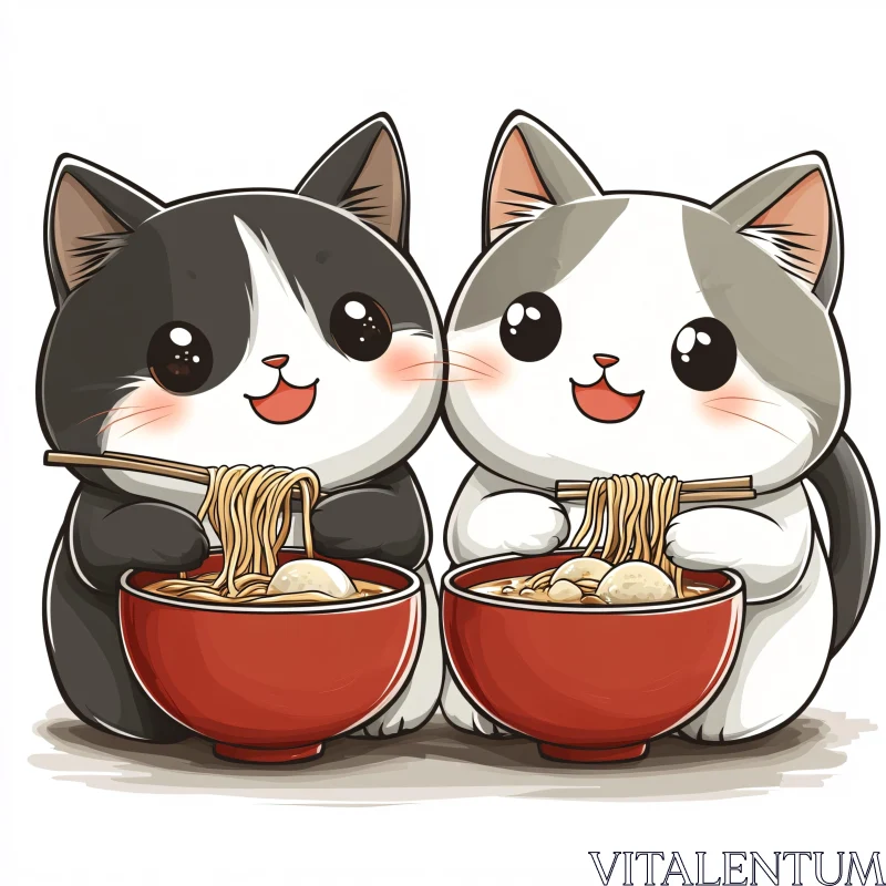 Adorable Cartoon Cats with Noodles AI Image