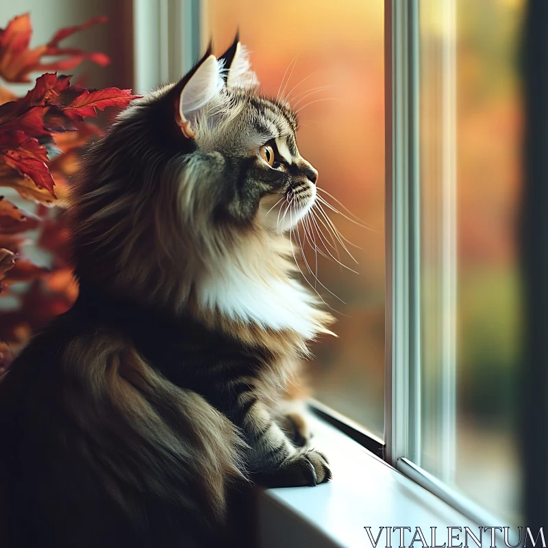 Cat Looking Through Window in Fall AI Image