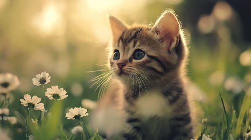 Young Kitten Amidst Flowers in Sunlight