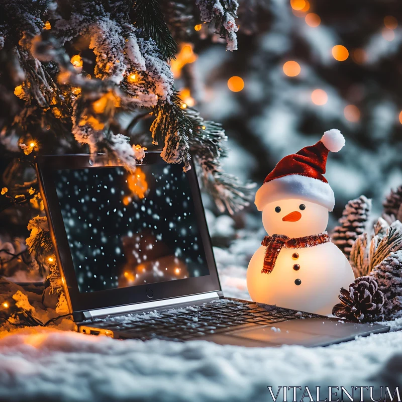 Winter Magic: Snowman and Laptop Under Holiday Lights AI Image