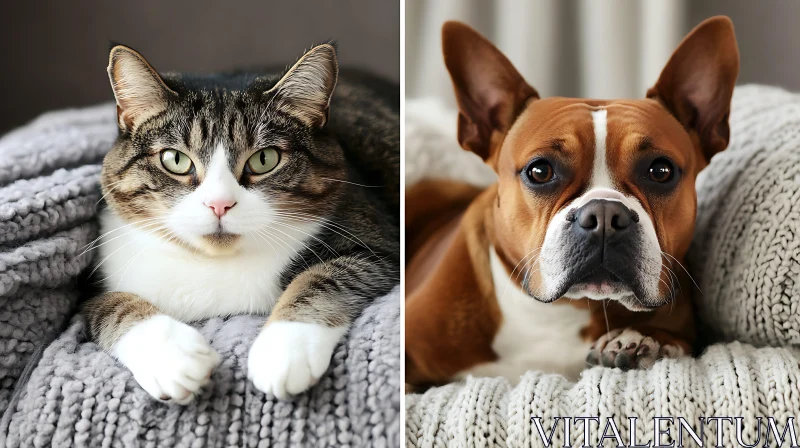 Cat and Dog Lounging on Cozy Blankets AI Image