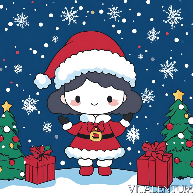 Adorable Holiday Cartoon with Santa Dress and Winter Decorations AI Image