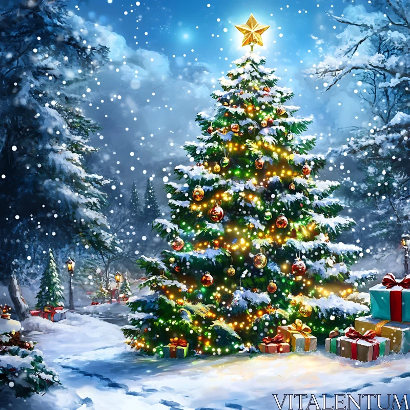 Winter Holiday Scene with a Decorated Christmas Tree AI Image