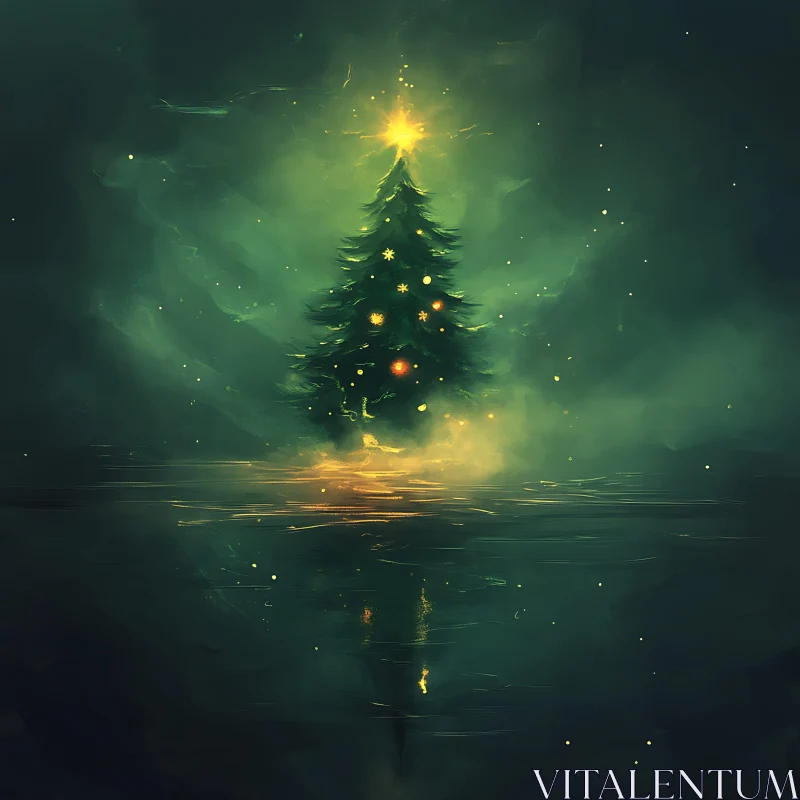 AI ART Illuminated Christmas Tree Reflection in Water