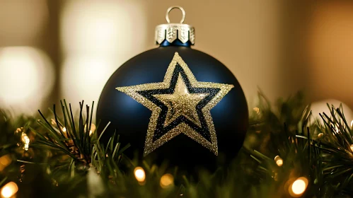 Festive Dark Blue Bauble with Golden Star