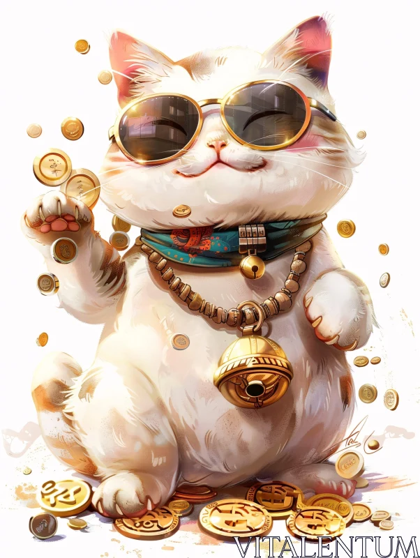 AI ART Adorable White Cat with Sunglasses and Gold Coins