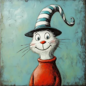 Cheerful Cat in Striped Hat Illustration