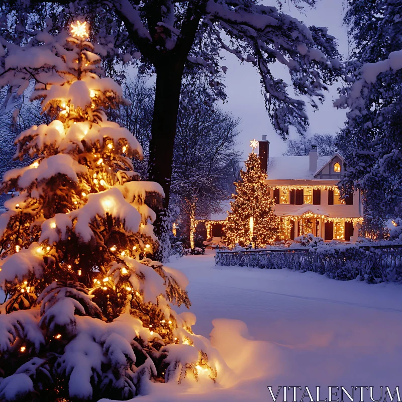 Heartwarming Christmas Night with Lit-Up Trees and Snow AI Image