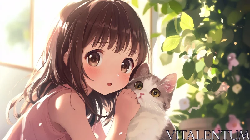 Anime Girl and Cat in Sunlit Room AI Image