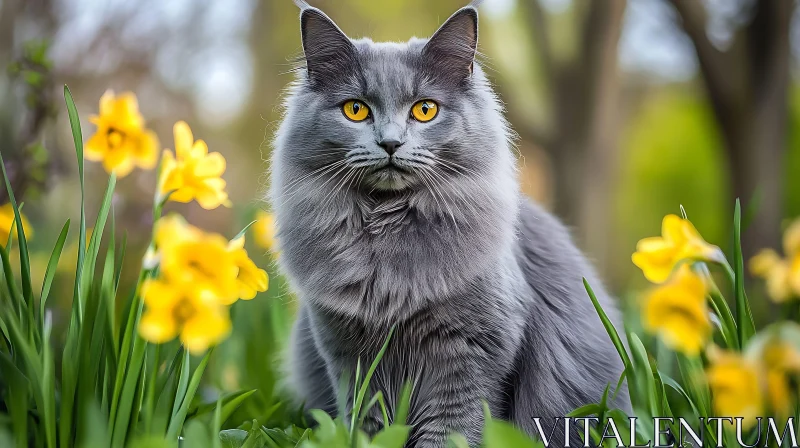 Elegant Feline Among Yellow Blossoms AI Image