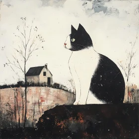 Black and White Cat in Serene Landscape with House