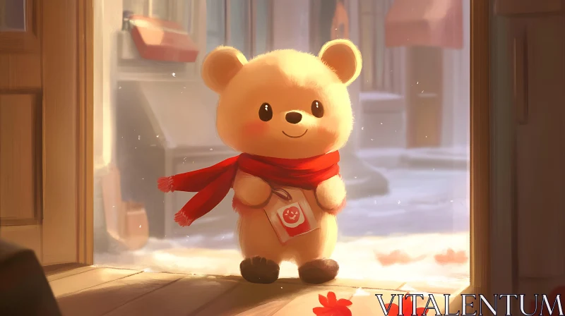 Adorable Bear with Red Scarf in Winter Setting AI Image