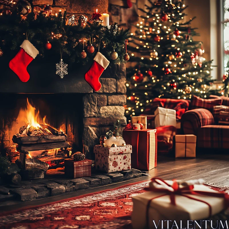 Festive Fireplace and Christmas Tree Setup AI Image