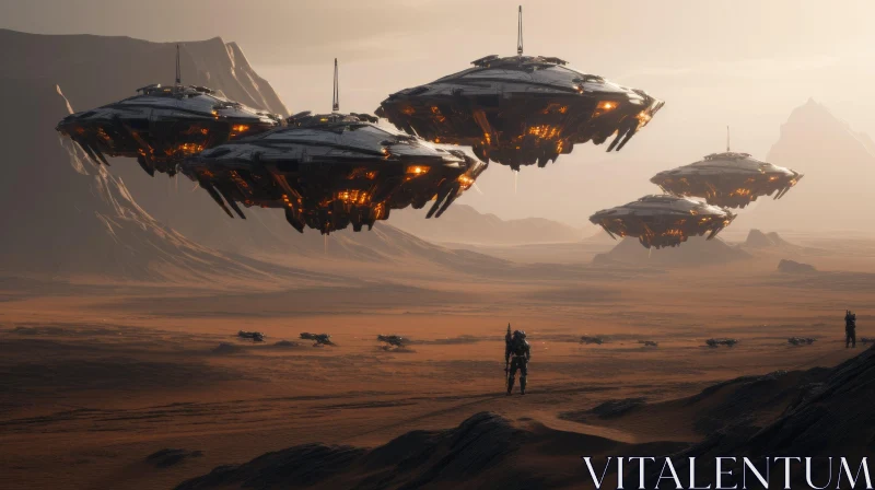 Alien Flying Saucers Encounter in Desert AI Image