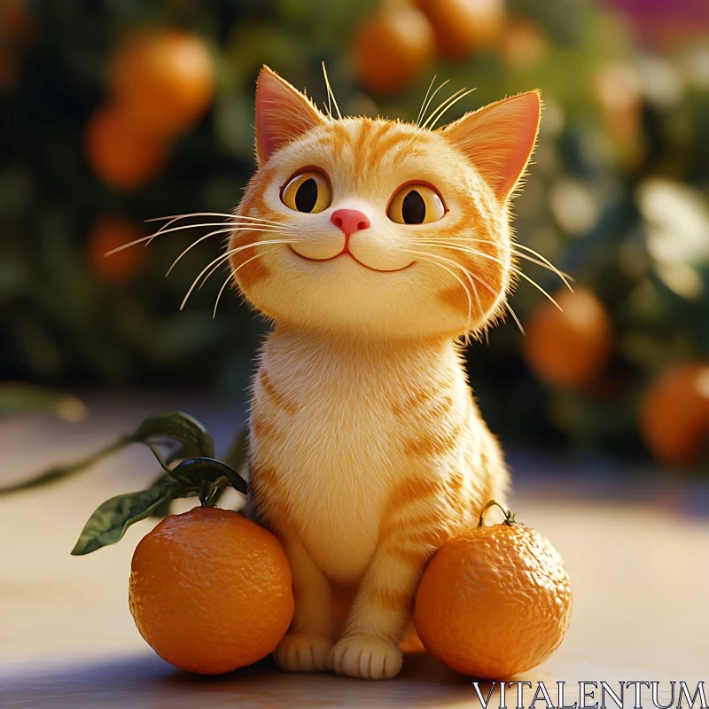 Playful Feline with Oranges Amidst Greenery AI Image