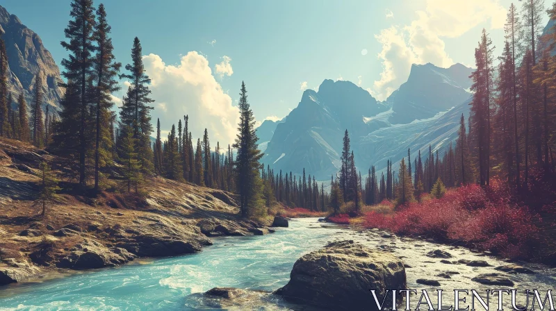 Captivating Mountain River Landscape in a Serene Valley AI Image
