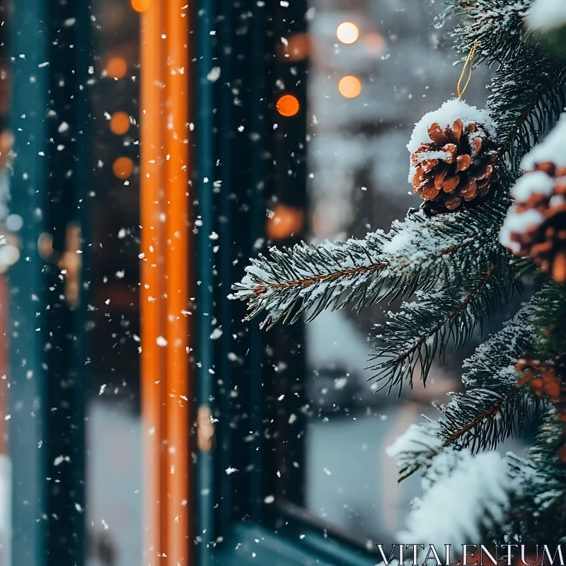 Winter Holiday Decoration with Snow and Pinecones AI Image