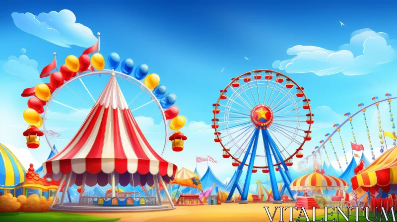 Colorful Funfair Illustration with Ferris Wheels and Carousel AI Image