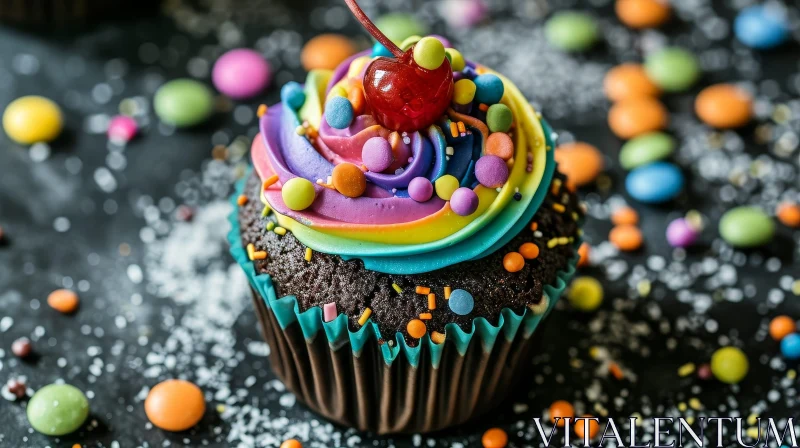 Delicious Chocolate Cupcake with Rainbow Frosting and Cherry AI Image