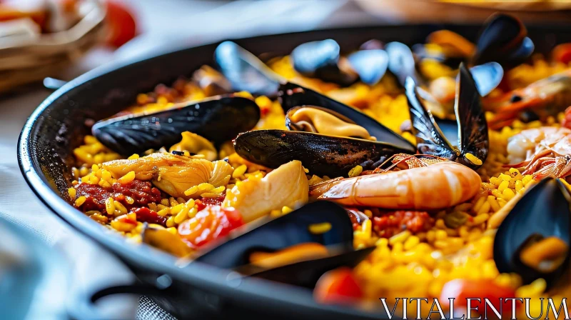 Delicious Spanish Paella: A Traditional Seafood and Vegetable Dish AI Image