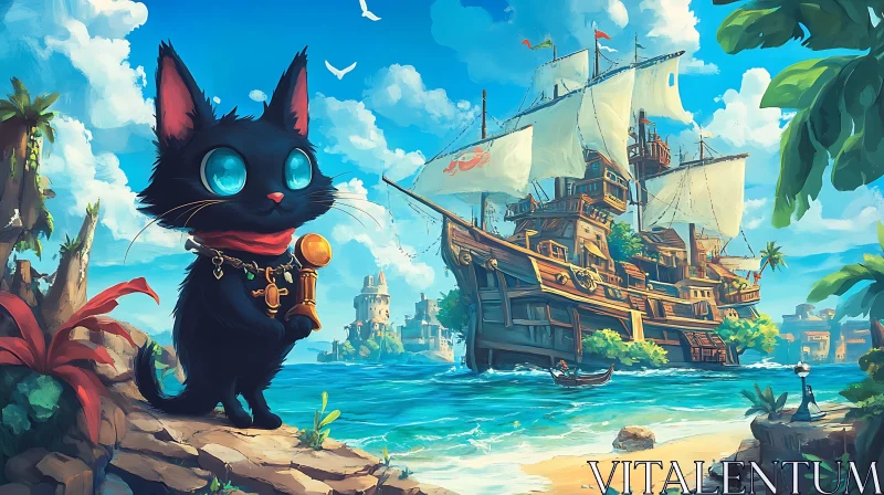 Feline Explorer and Pirate Ship AI Image