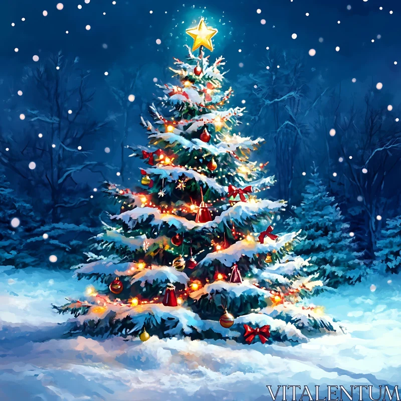 Festive Christmas Tree Amid Snowfall in Winter Forest AI Image