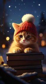 Ginger Cat in Beanie on Books with Cityscape Background