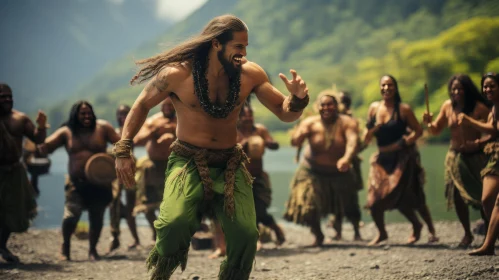 Man Dancing in Jungle in Traditional Maori Costume
