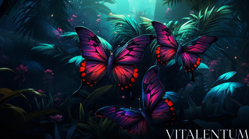 Pink Butterflies in a Nocturnal Jungle: Detailed 2D Game Art Style Illustration AI Image