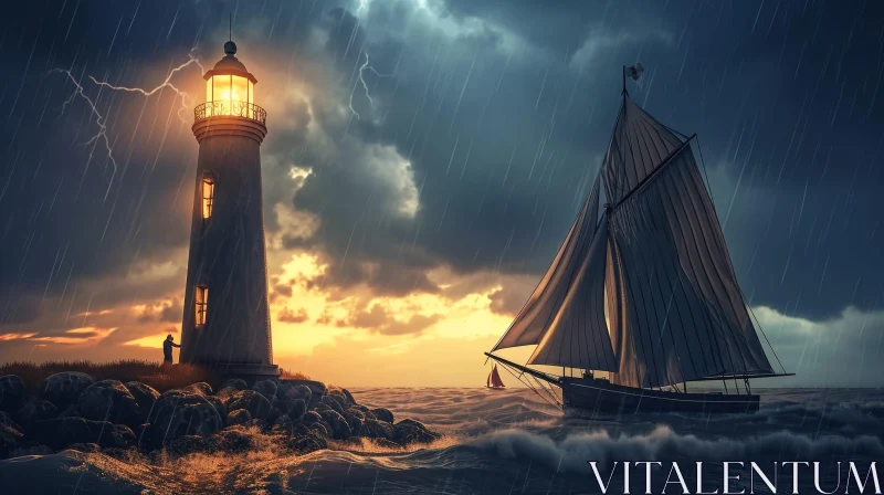 Powerful Digital Painting of a Lighthouse and Sailboat in a Storm AI Image