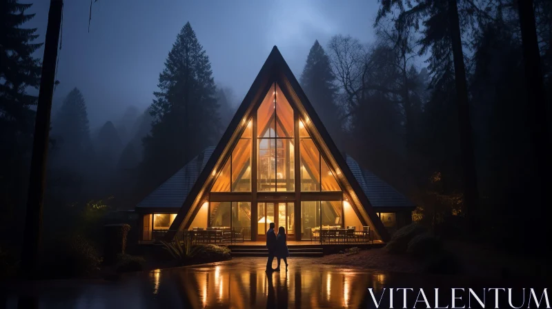 Romantic American Night Scene with Triangular House in Woods AI Image