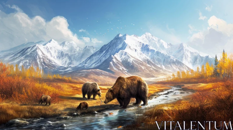 Serene Mountain Valley in Fall with Bears AI Image