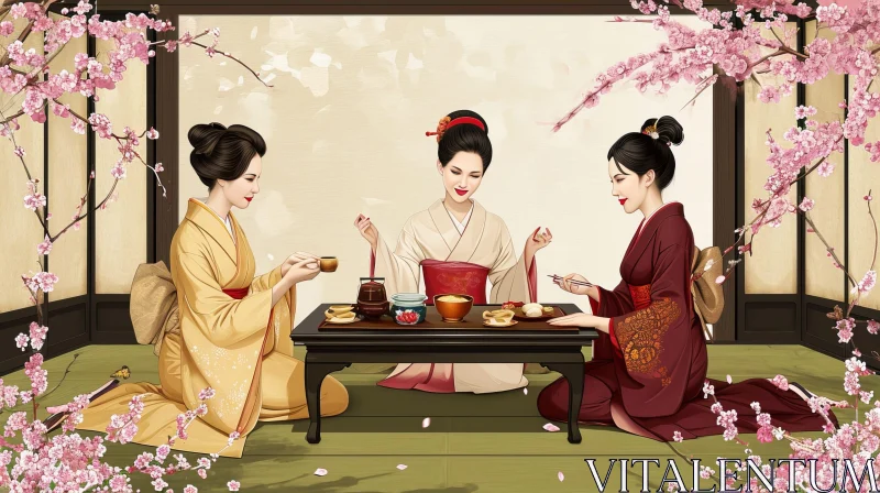 Traditional Japanese Kimono Painting | Serene Tea Ceremony AI Image