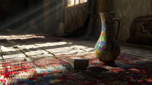 Vibrant Ceramic Vase on Colorful Carpet | Captivating Still Life
