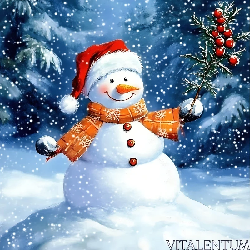 Festive Snowman in Snowy Woodland AI Image