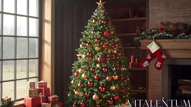 AI ART Festive Christmas Tree with Gifts and Stockings