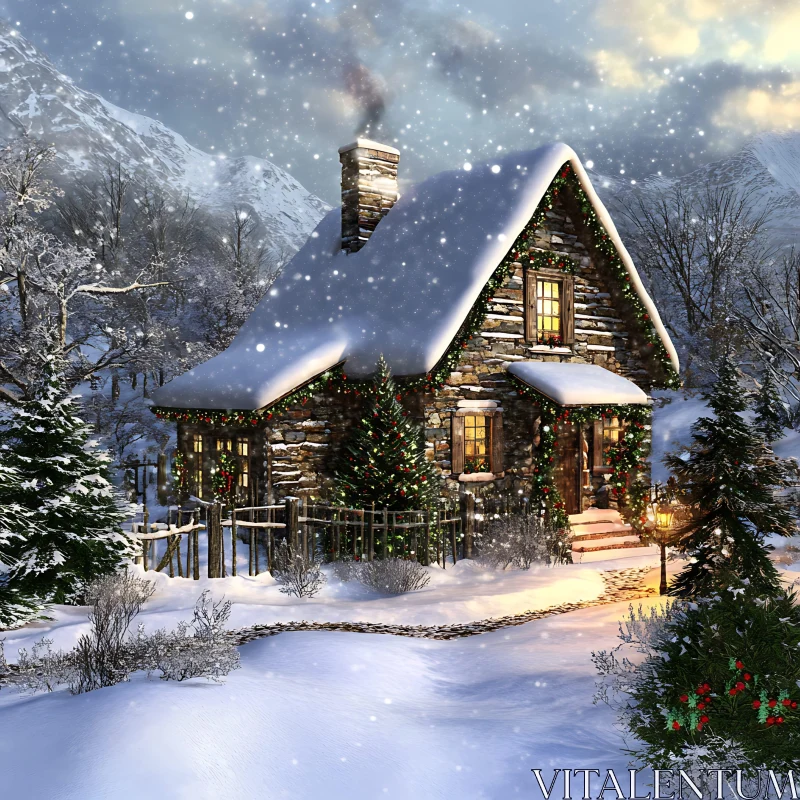 AI ART Wintery Christmas Cabin in a Snowy Landscape